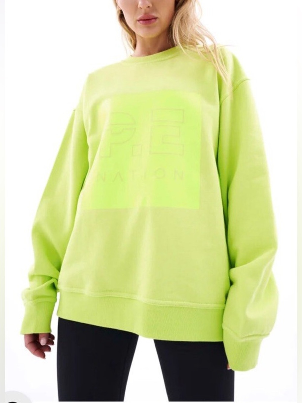 P.E Nation Organic Cotton Neon Yellow Logo Crew Sweatshirt Size Small